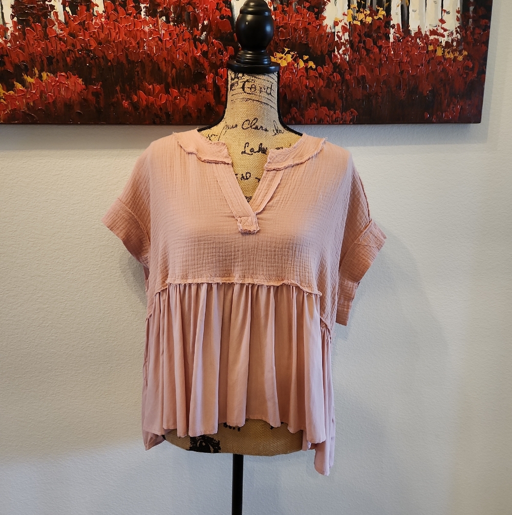 Light Pink Smocked V-Neck Peplum Tunic Top
